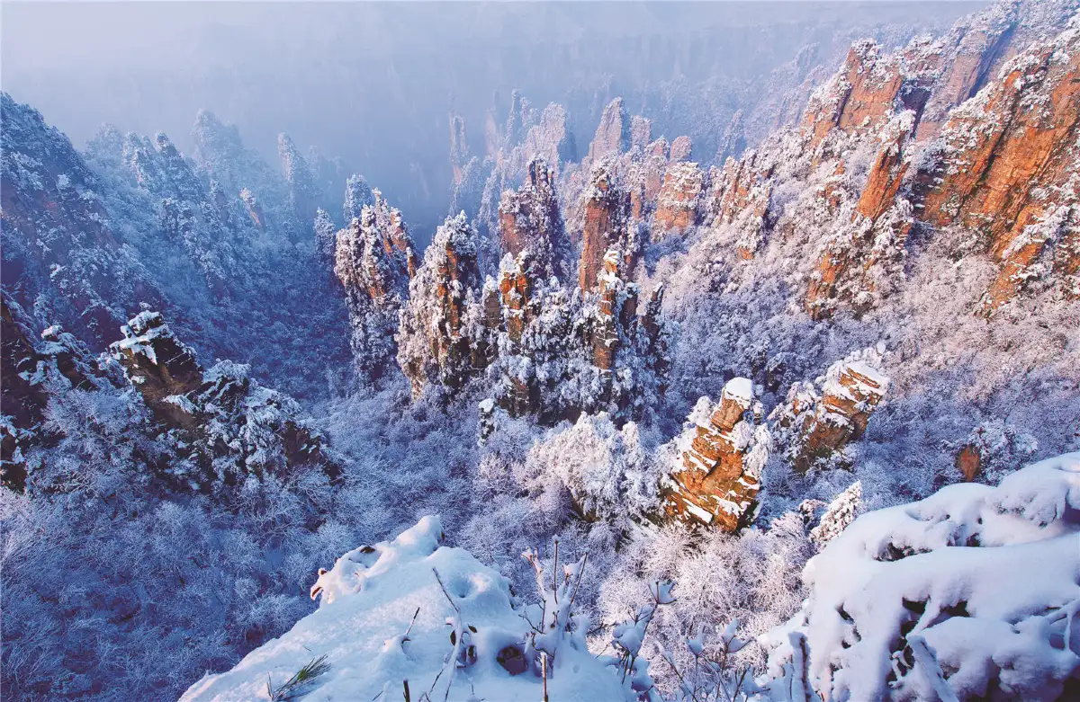 Wide view of the sandstone pillars of Zhangjiajie National Forest Park